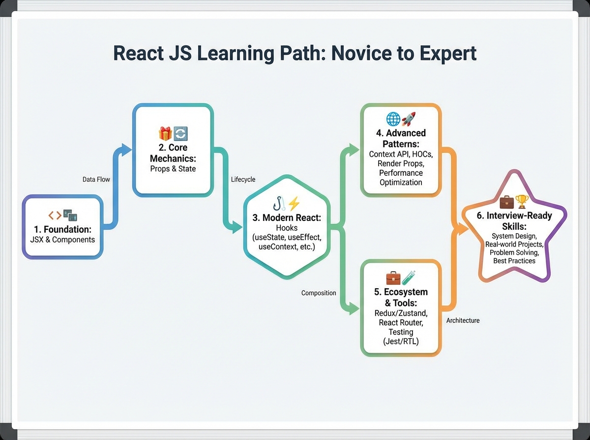 React JS learning path diagram showing progression from JSX and components through props and state to hooks, advanced patterns, and interview-ready skills