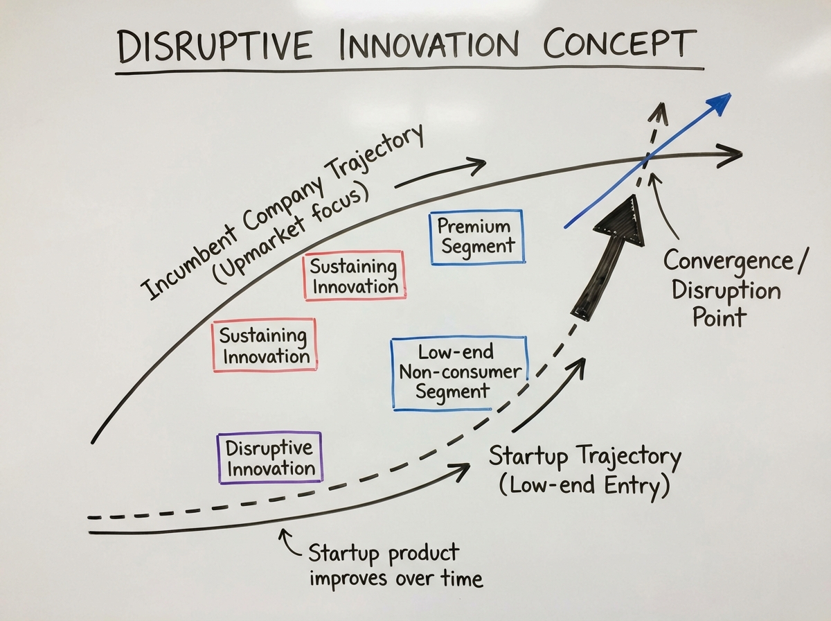 Disruptive innovation concept diagram showing incumbent company moving upmarket while startup enters at the low-end non-consumer segment, with trajectory lines converging as the startup improves over time