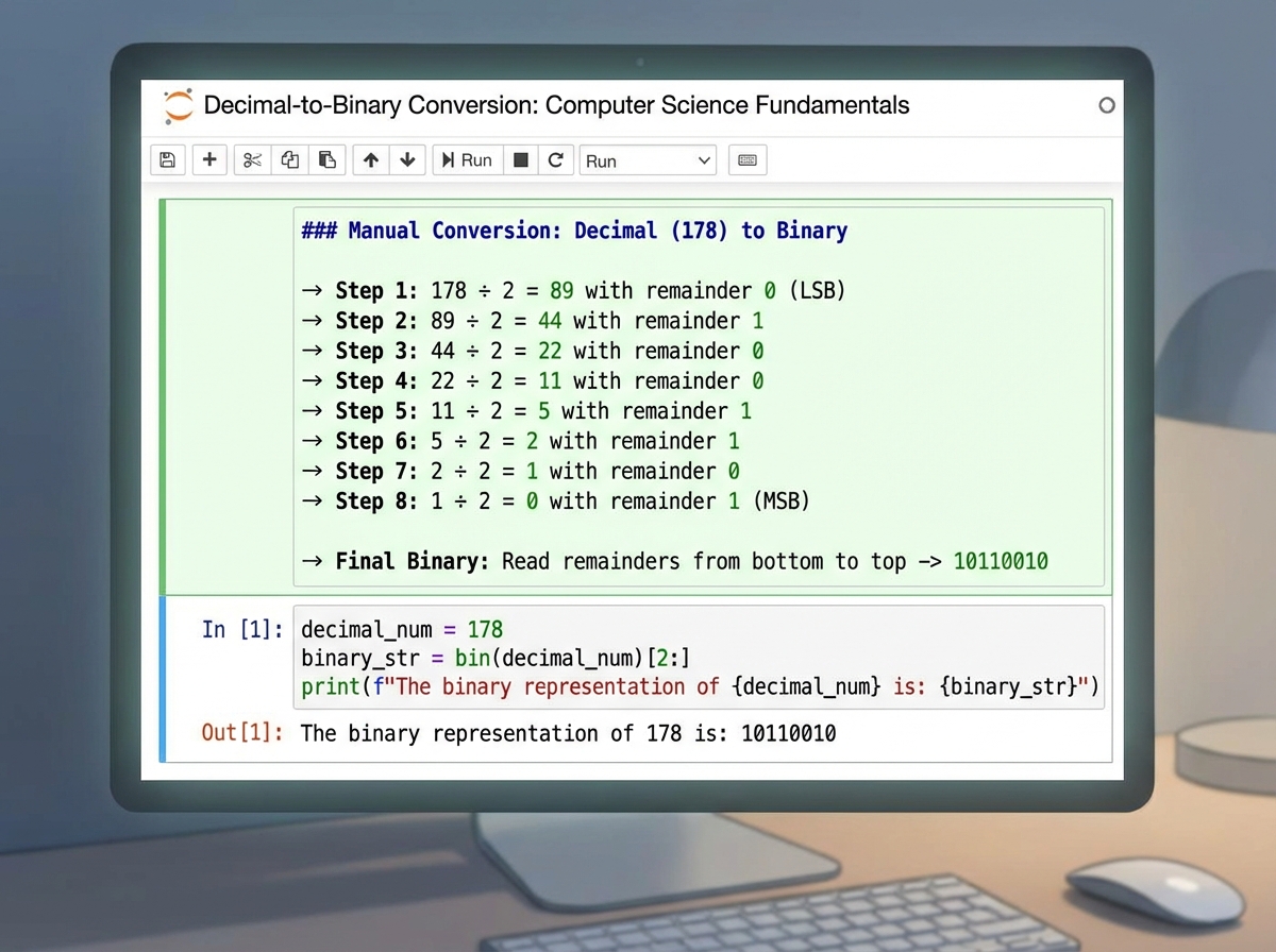 Jupyter notebook showing Python decimal-to-binary conversion code alongside manual step-by-step calculation in Markdown cell, demonstrating computer science number system fundamentals