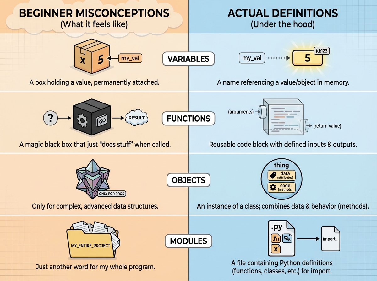 Side-by-side comparison of Python beginner misconceptions vs actual definitions for variables, functions, objects, and modules with simple visual labels
