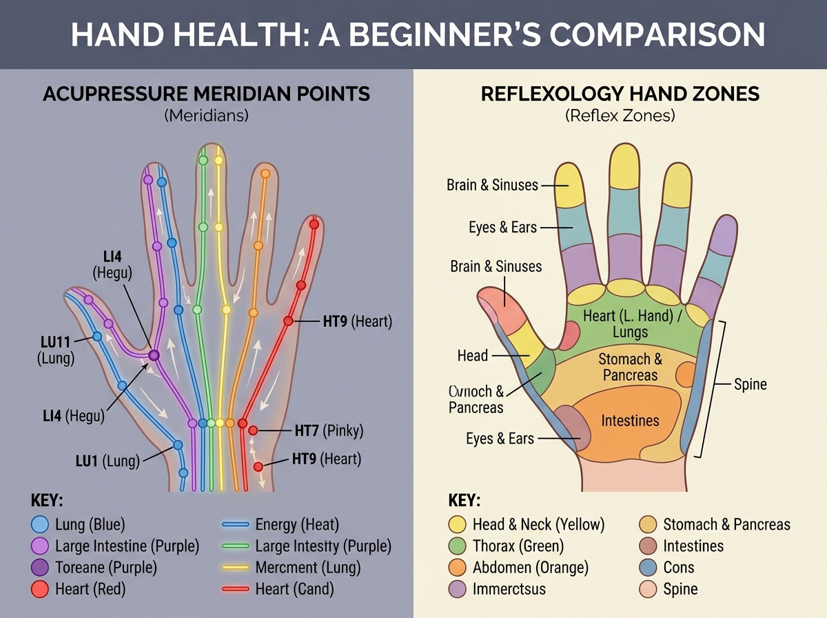 Side-by-side comparison of acupressure meridian hand points versus reflexology hand reflex zones for beginners, showing labeled diagrams with organ correspondences