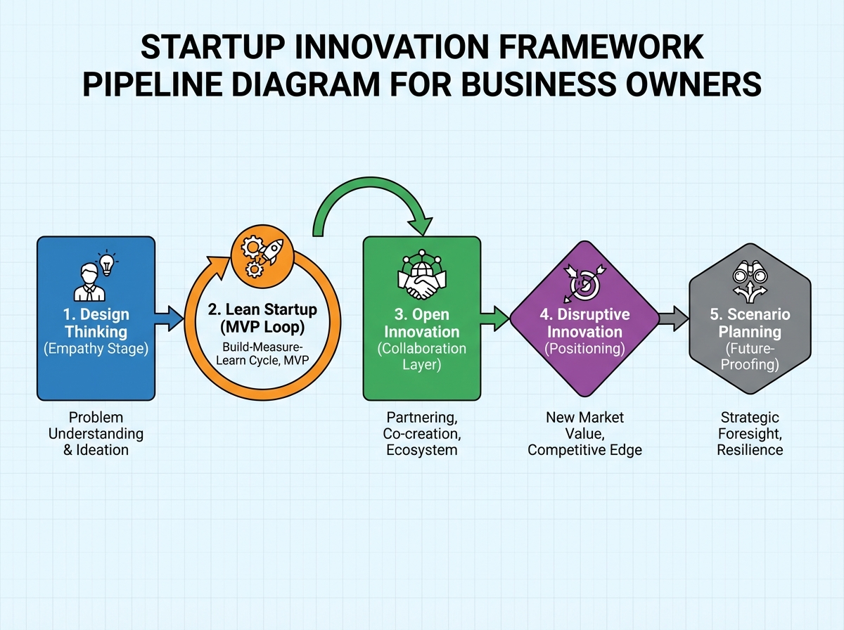 Startup innovation framework pipeline diagram showing the sequence from Design Thinking empathy stage through Lean Startup MVP loop, Open Innovation collaboration layer, Disruptive Innovation positioning, and Scenario Planning future-proofing for business owners