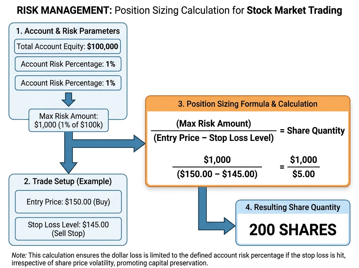 Risk management diagram for stock market trading showing position sizing calculation using entry price, stop loss level, account risk percentage, and resulting share quantity with example values