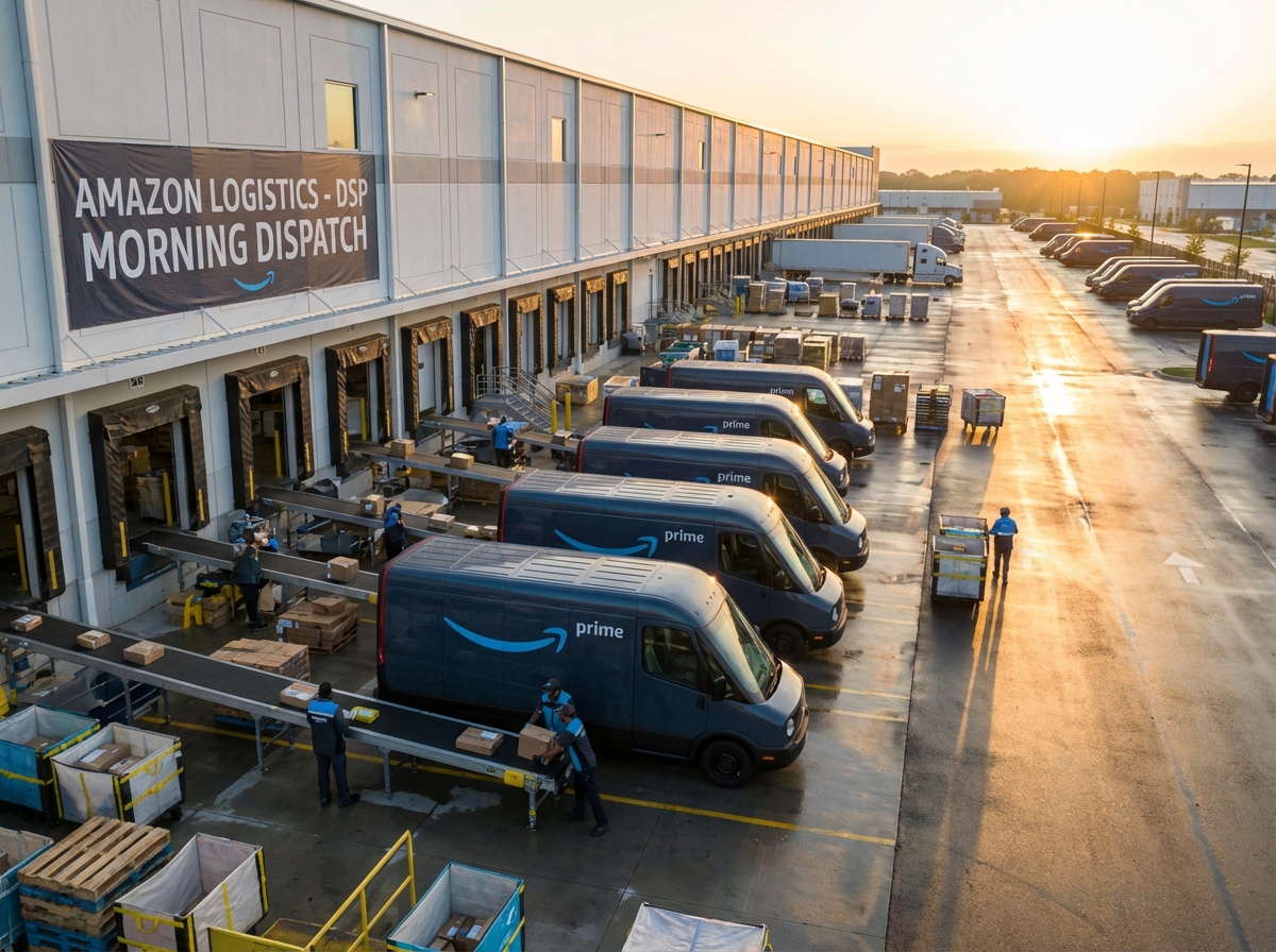 Amazon DSP fleet of five branded delivery vans parked at a warehouse loading dock ready for morning route dispatch, showing vehicle scale and operations setup