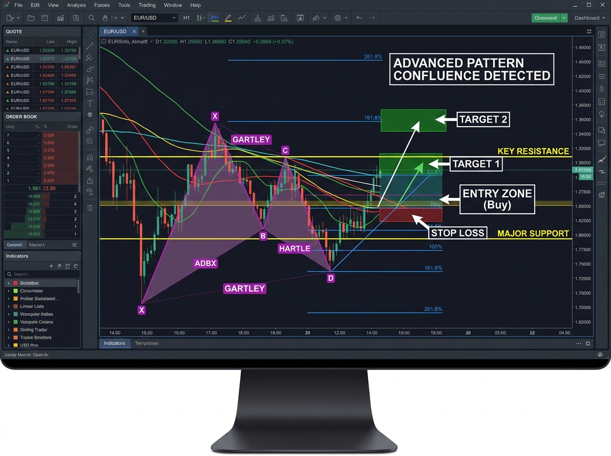 Forex trading chart showing advanced pattern confluence with harmonic setup overlaid on key price structure levels, Fibonacci extensions drawn, and annotated entry, stop, and target zones
