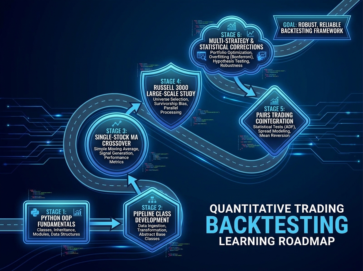 Quantitative trading backtesting learning roadmap showing sequential stages from Python OOP fundamentals through pipeline class, moving average crossover single-stock, Russell 3000 large-scale study, pairs trading cointegration testing, to multi-strategy testing with statistical corrections