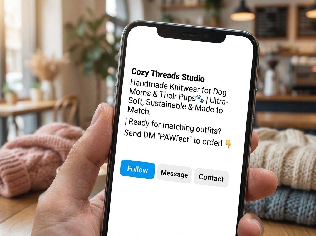 Instagram BIO optimization example for small business account showing specific client niche, clear value proposition, and single call to action directing followers to send a DM keyword