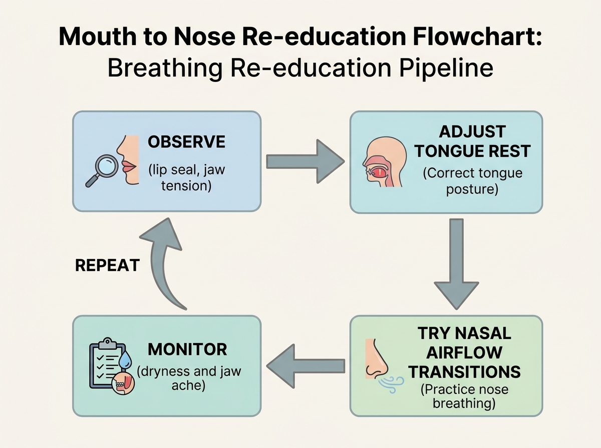 Mouth to nose re-education flowchart: observe (lip seal, jaw tension) → adjust tongue rest → try nasal airflow transitions → monitor dryness and jaw ache → repeat. Includes arrows and 4 labeled boxes. breathing re-education pipeline.