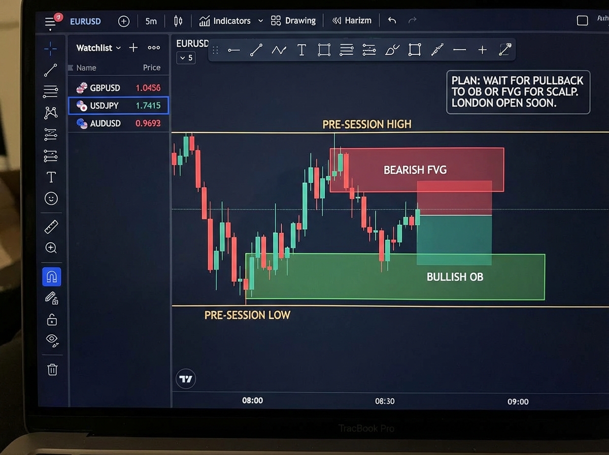 TradingView layout screenshot showing pre-session preparation with marked fair value gap and order block zones for intraday forex scalping.