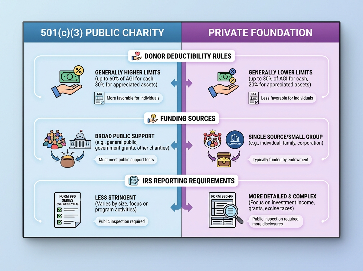 Side-by-side comparison of 501c3 public charity versus private foundation showing donor deductibility rules, funding sources, and IRS reporting requirements