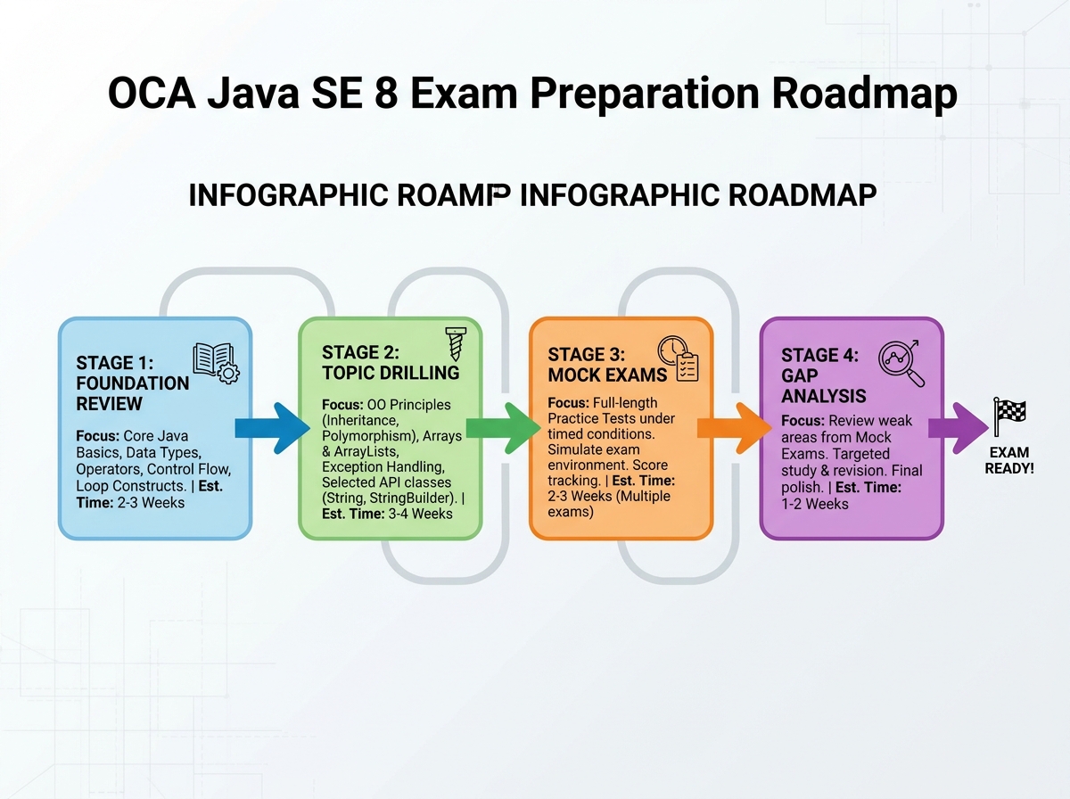 OCA Java SE 8 exam preparation roadmap with four sequential stages: foundation review, topic drilling, mock exams, and gap analysis, with estimated time per stage