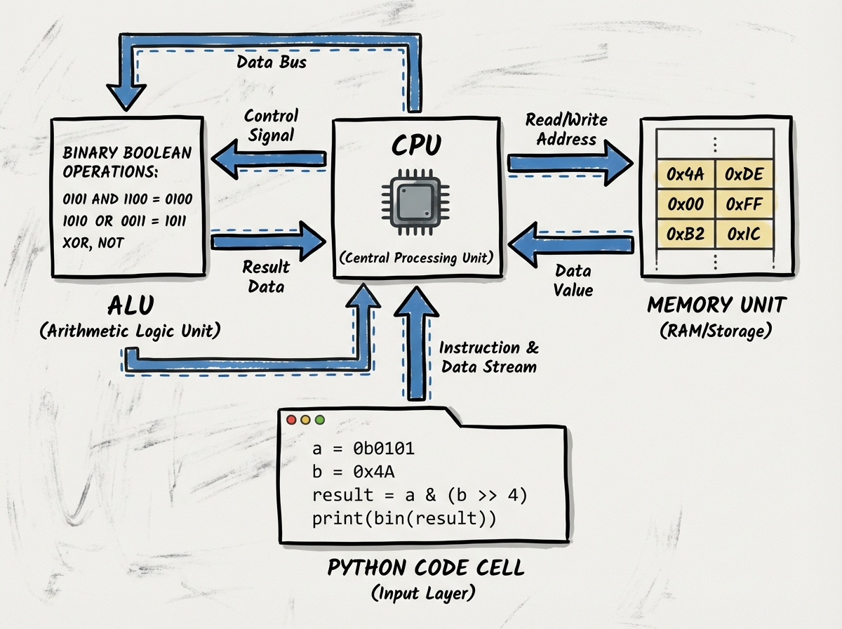 Computer science diagram showing CPU directing data flow between Arithmetic Logic Unit performing binary Boolean operations, Memory Unit storing hex values, and Python code cell as input layer