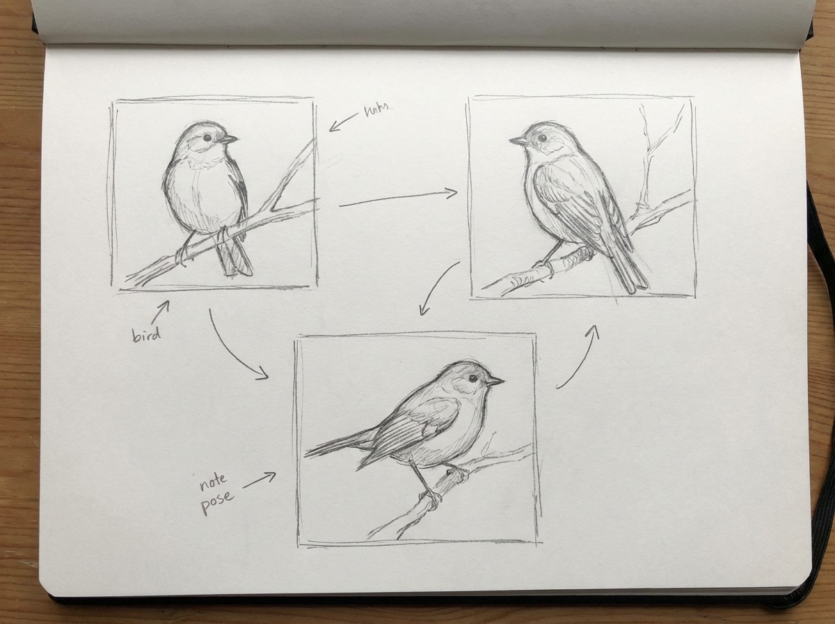 Artist process post on Instagram showing work-in-progress layout iteration for a bird painting alongside the finished artwork, illustrating how sharing the creative journey builds audience trust before selling paintings online