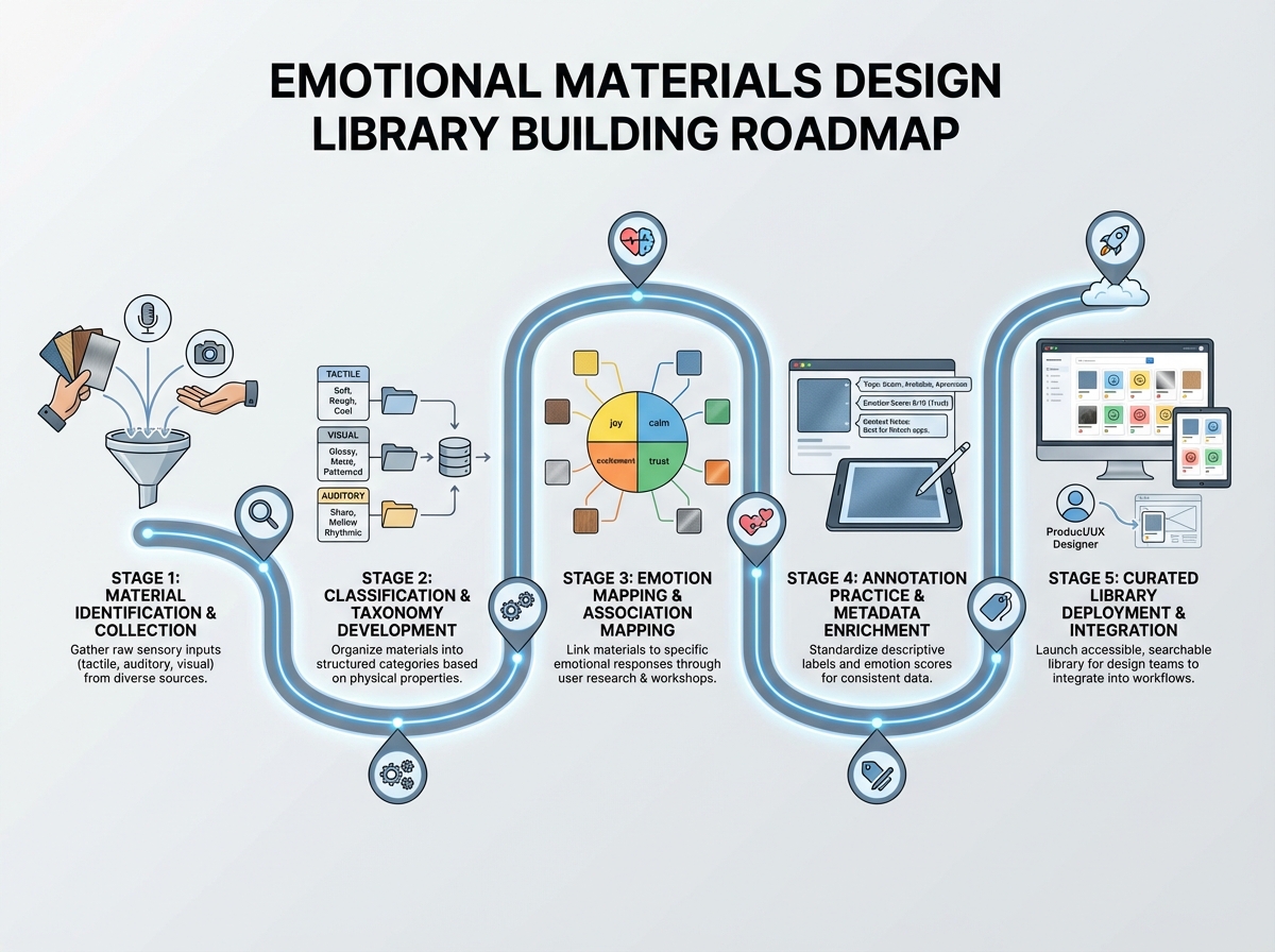 Emotional materials design library building roadmap showing stages from material identification through classification, emotion mapping, annotation practice, and curated library deployment for product and UX designers