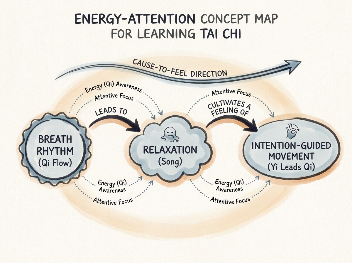 Energy-attention concept map for learning Tai Chi: breath rhythm node linked to relaxation node linked to intention-guided movement node, showing cause-to-feel direction.