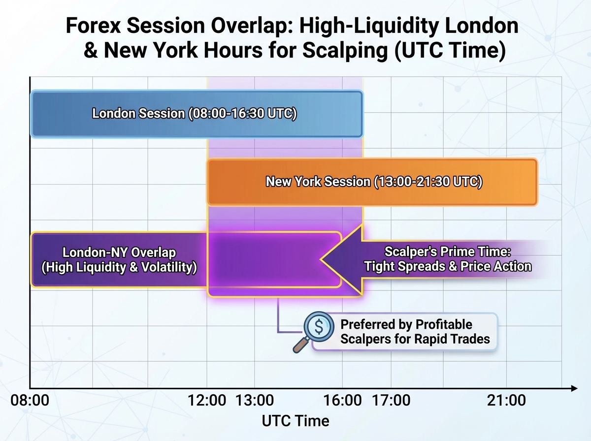 Forex session overlap chart highlighting high-liquidity London and New York hours used by profitable scalpers.