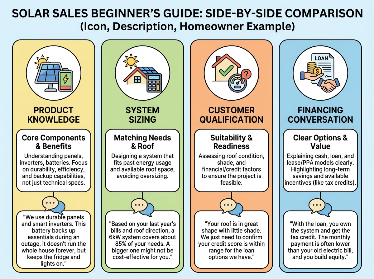 Comparison graphic for solar sales beginners showing product knowledge, system sizing, customer qualification, and financing conversation side by side with simple icons and homeowner examples
