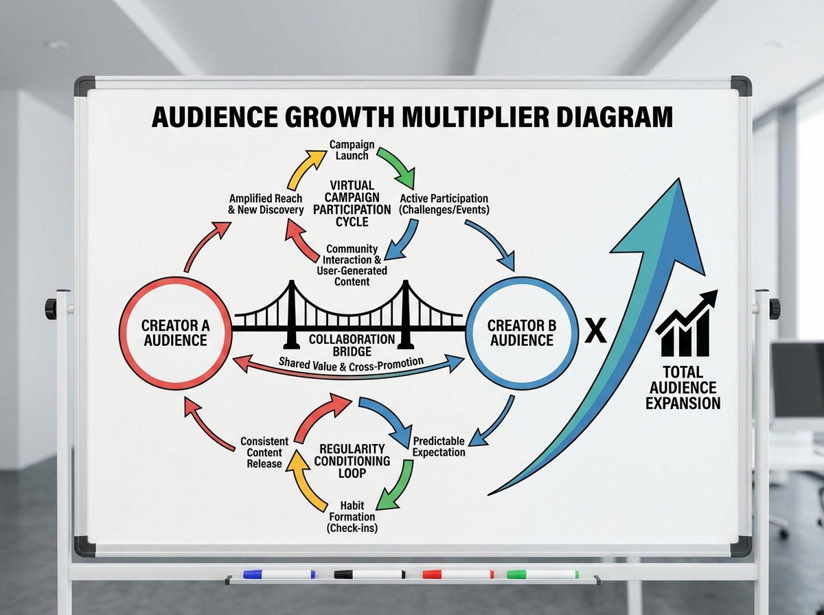 Audience growth multiplier diagram showing collaboration bridge between two creator audiences, regularity conditioning loop, and virtual campaign participation cycle