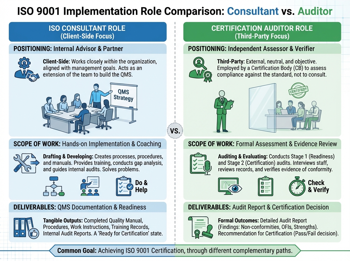 Side-by-side comparison of ISO consultant role versus certification auditor role showing client-side versus third-party positioning, scope of work, and deliverables for ISO 9001 implementation