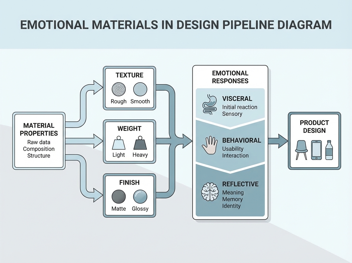 Emotional materials in design pipeline showing material properties flowing through texture, weight, and finish into visceral, behavioral, and reflective emotional responses in product design