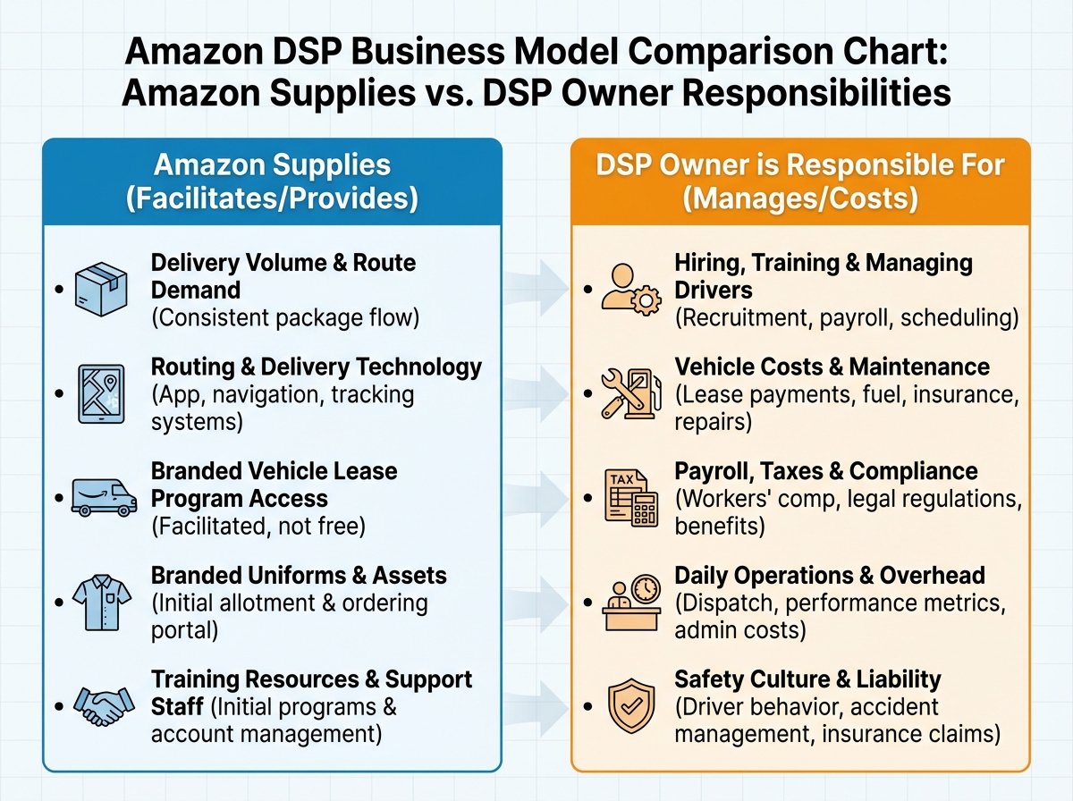 Amazon DSP business model comparison chart showing what Amazon supplies versus what the DSP owner is responsible for, with two labeled columns side by side