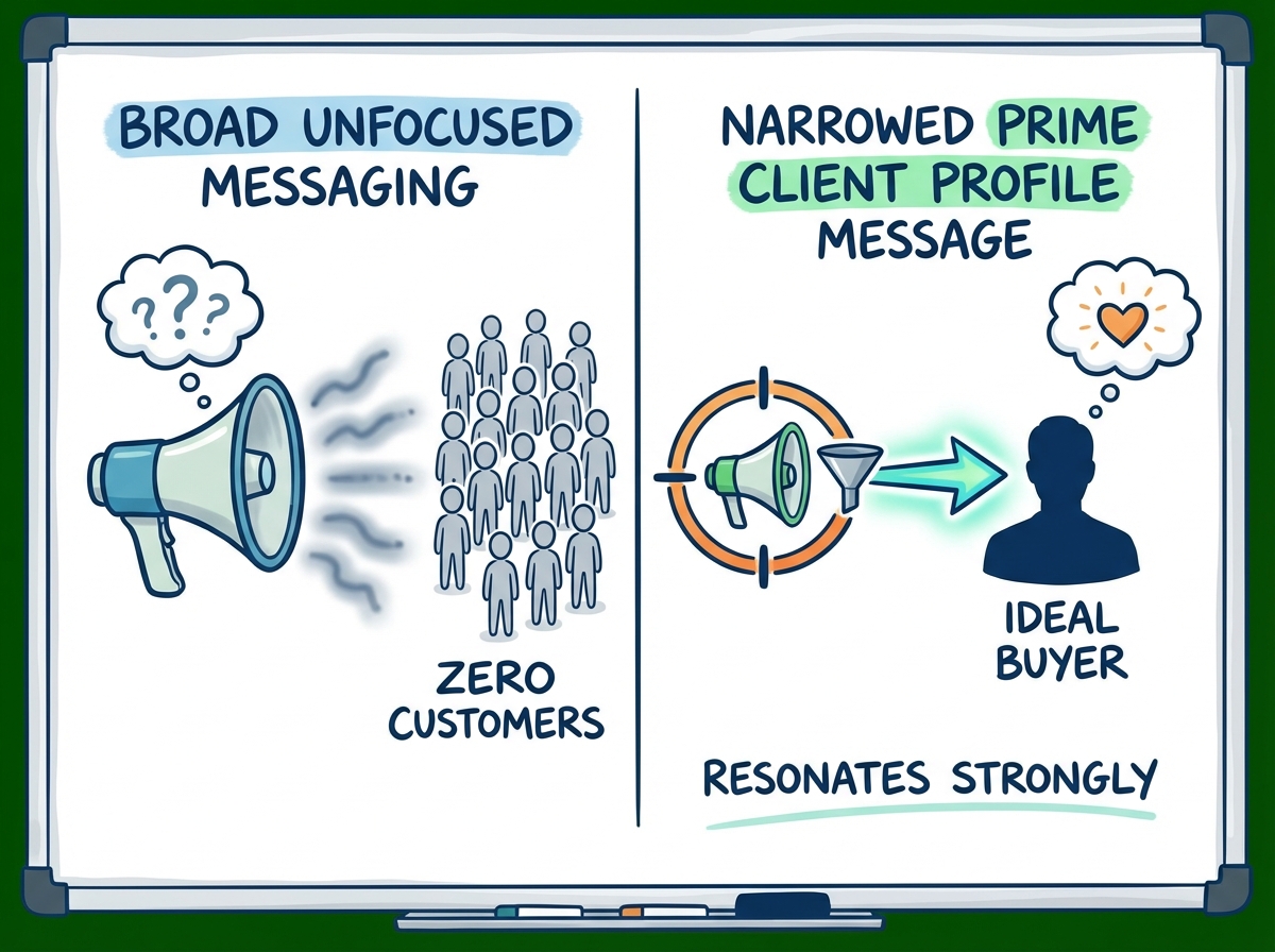 Target marketing concept visual for small business showing broad unfocused messaging reaching zero customers versus narrowed prime client profile message resonating strongly with ideal buyer