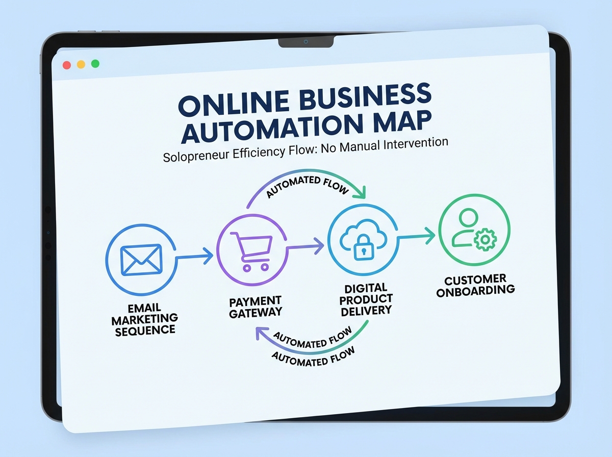 Online business automation map showing email marketing sequence, payment gateway, digital product delivery, and customer onboarding running without manual intervention for solopreneur efficiency