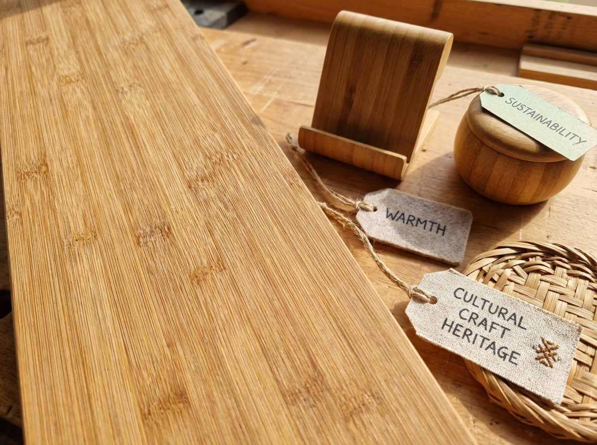 Bamboo material surface close-up showing natural grain pattern alongside product design objects made from bamboo with emotional labels for sustainability, warmth, and cultural craft heritage in emotional materials design