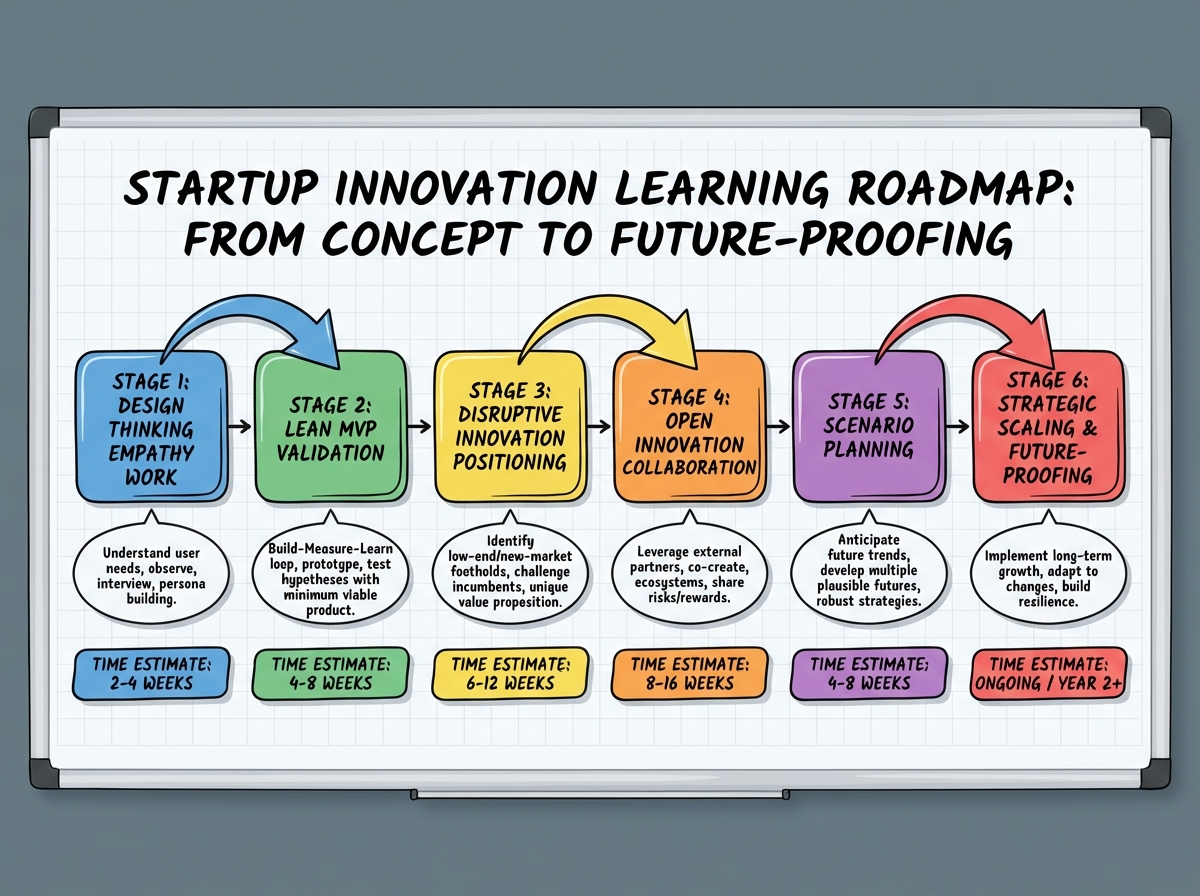 Startup innovation learning roadmap showing six sequential stages from Design Thinking empathy work through Lean MVP validation, Disruptive Innovation positioning, Open Innovation collaboration, and Scenario Planning, with time estimates per stage