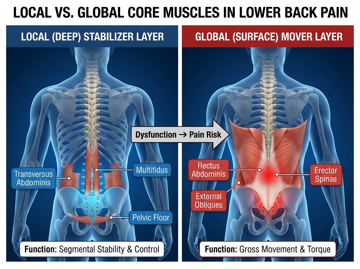 Side-by-side comparison of local versus global core muscles in lower back pain: deep stabilizer layer versus surface mover layer with labeled anatomy
