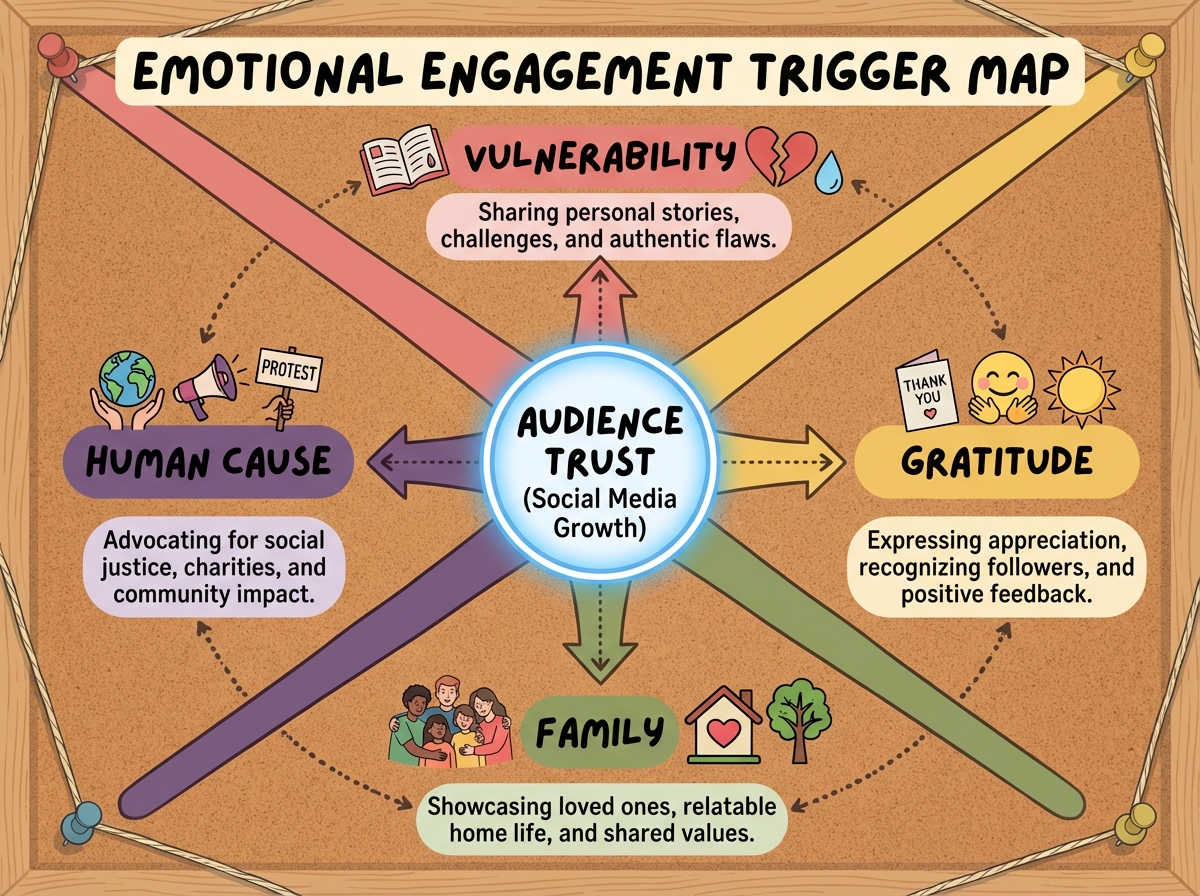 Emotional engagement trigger map showing vulnerability, gratitude, family, and human cause as spokes radiating from a central audience trust node for social media growth