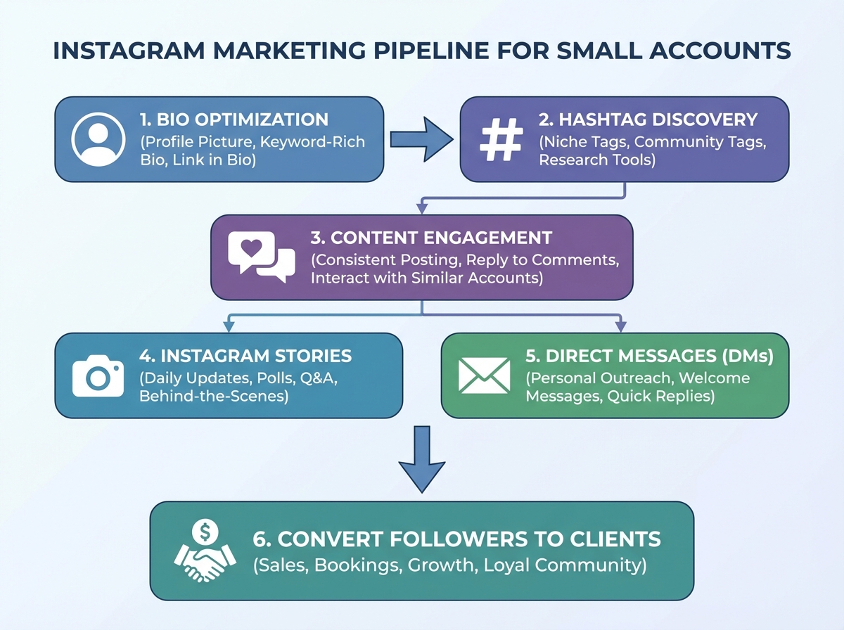 Instagram marketing for small accounts pipeline diagram showing BIO optimization flowing into hashtag discovery, then content engagement, Instagram Stories, and DMs converting followers to clients