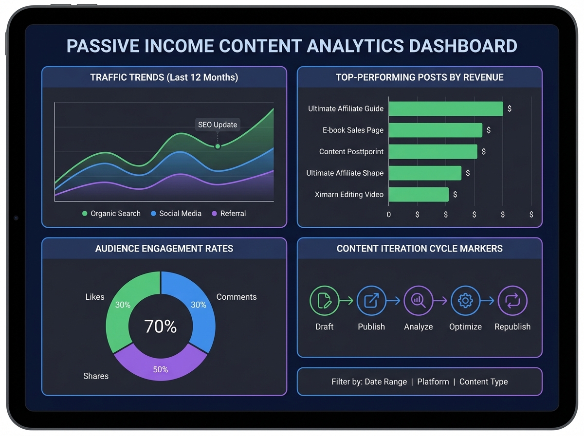 Content analytics dashboard chart for passive income content creation showing traffic trends, top-performing posts by revenue contribution, audience engagement rates, and content iteration cycle markers