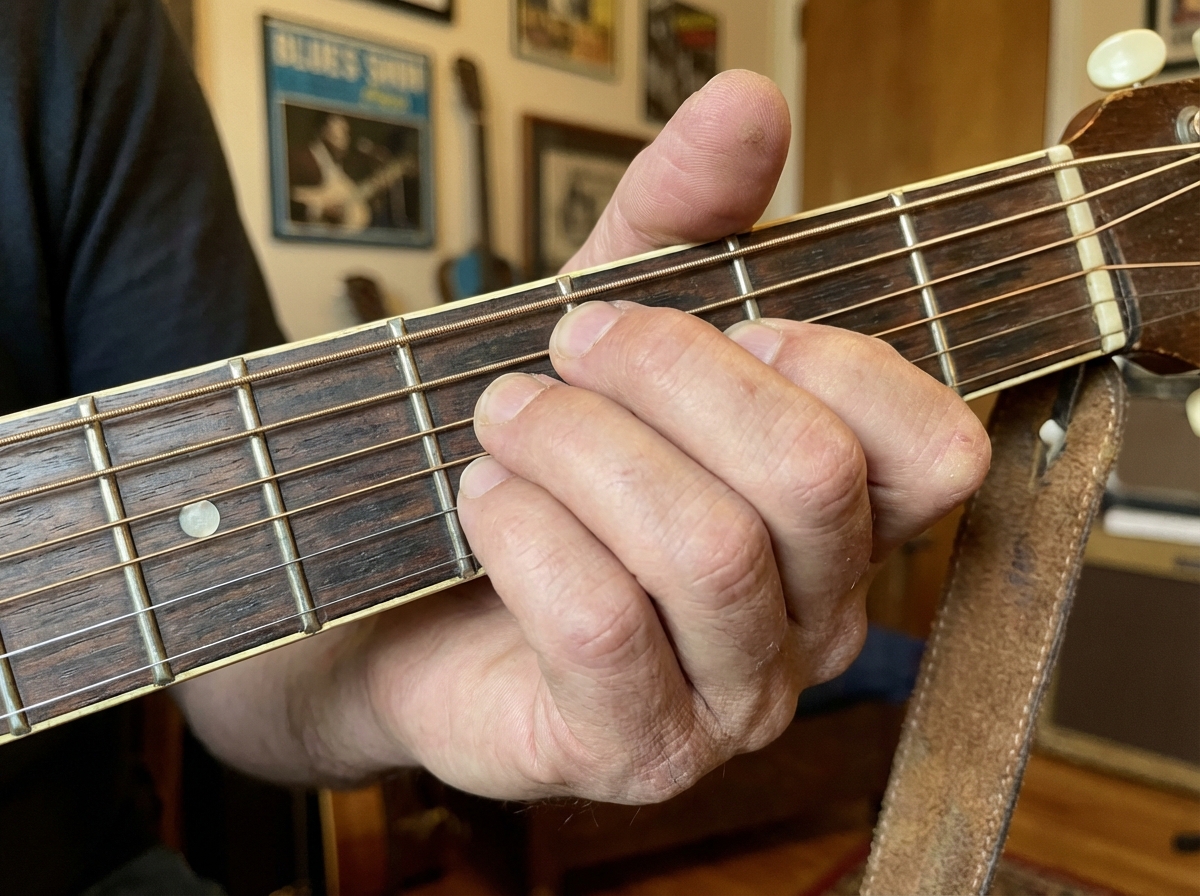 Acoustic guitar fretboard close-up showing Brownie McGhee style E chord fingering with thumb and index finger position for monotonic bass fingerpicking in swing blues style