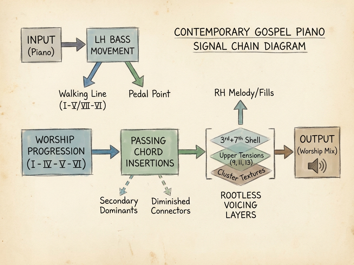 Contemporary gospel piano signal chain diagram showing left hand bass movement, passing chord insertions, and rootless voicing layers across a worship progression