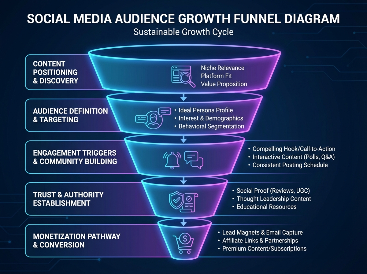Social media audience growth funnel diagram showing content positioning, audience definition, engagement triggers, and monetization pathway with labeled stages
