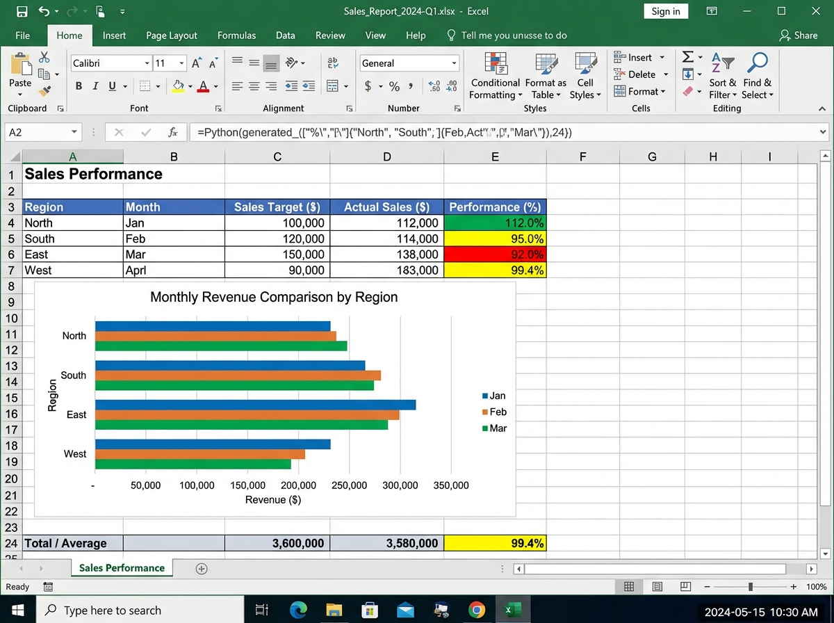 Formatted Excel report generated by XlsxWriter via Python showing conditional color-coded sales performance table, embedded bar chart comparing monthly revenue by region, and auto-populated summary row