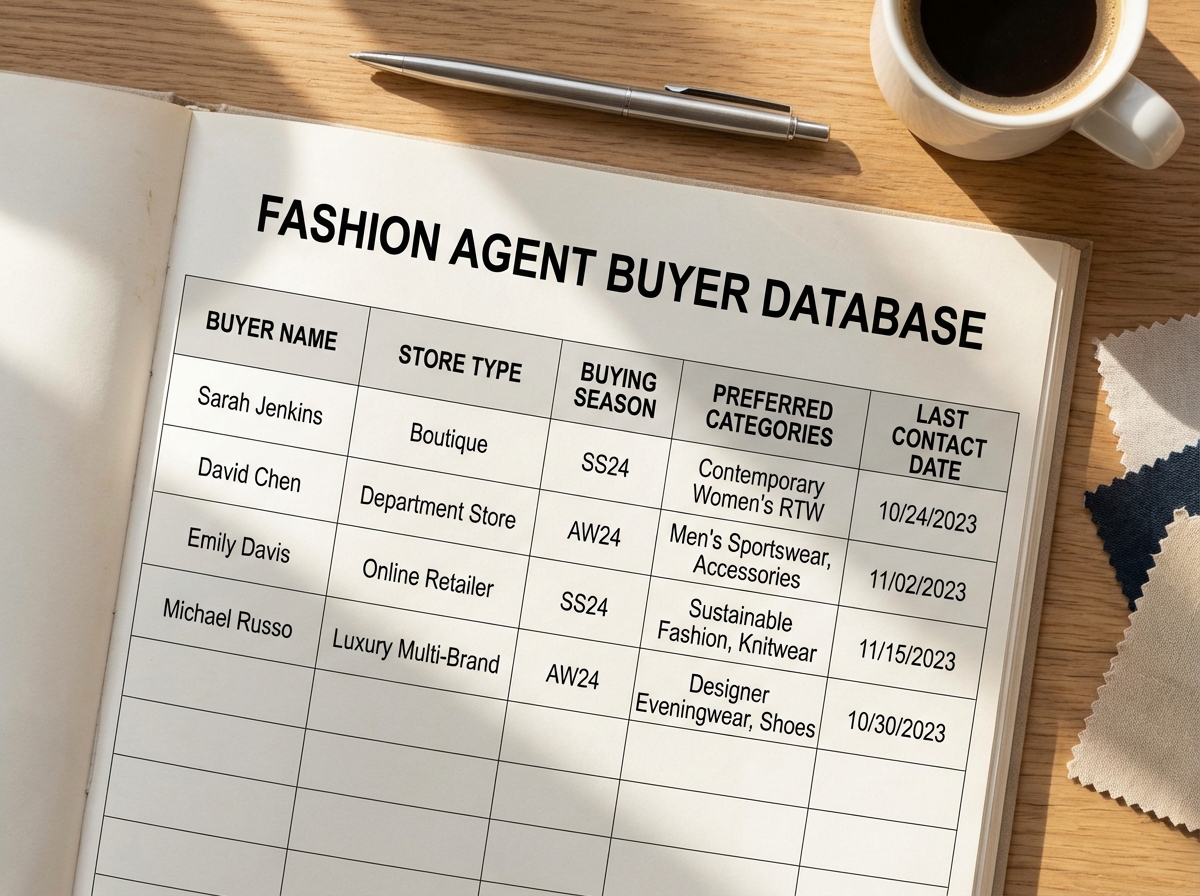 Fashion agent buyer database spreadsheet showing columns for buyer name, store type, buying season, preferred categories, and last contact date with sample entries