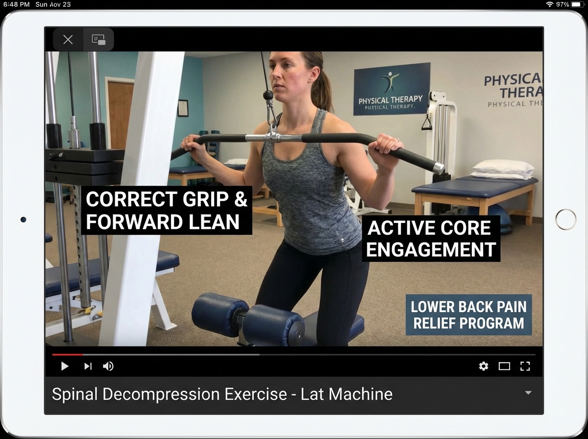 Lat machine used for spinal decompression as part of lower back pain relief program, showing correct grip, slight forward lean, and active core engagement during movement