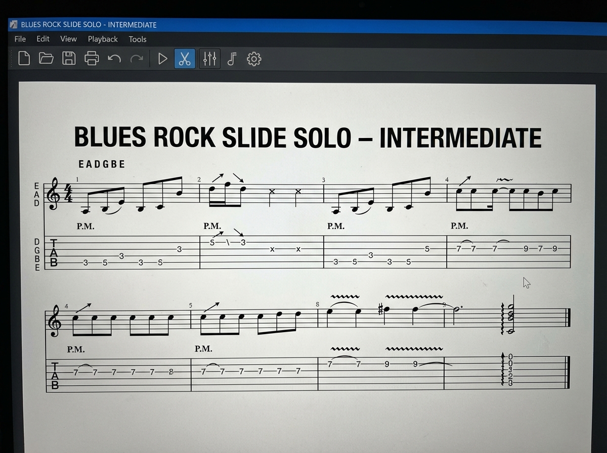 Guitar TAB screenshot showing a complete 8-bar blues rock slide guitar solo in standard tuning with muting markings, vibrato notation, and slide approach indicators for intermediate guitarists
