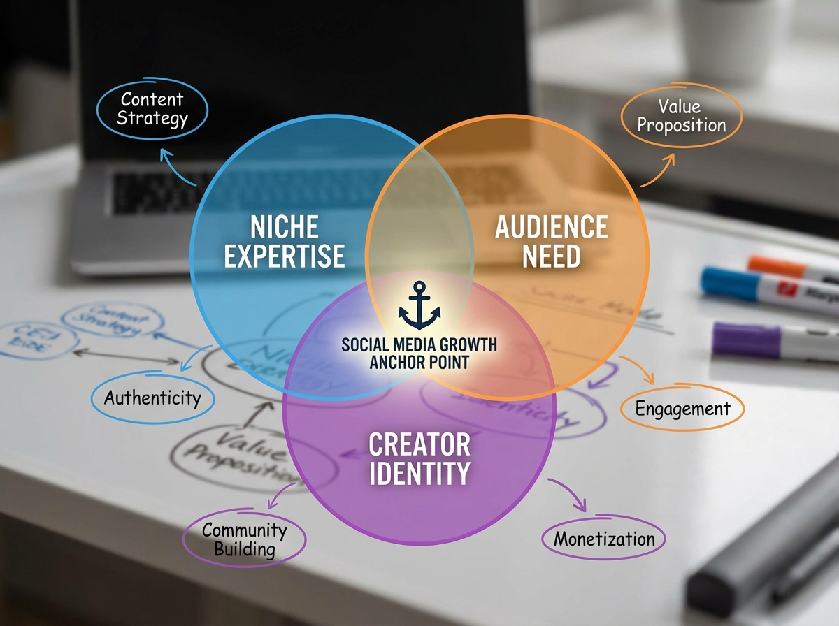 Personal brand positioning concept showing overlapping circles of niche expertise, audience need, and creator identity converging into a social media growth anchor point