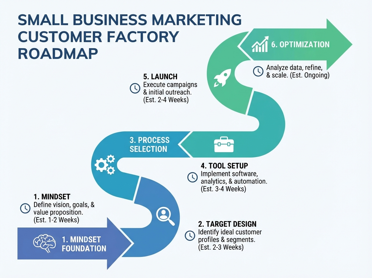 Small business marketing customer factory roadmap showing six sequential stages from mindset foundation through target design, process selection, tool setup, launch, and optimization with estimated time per stage