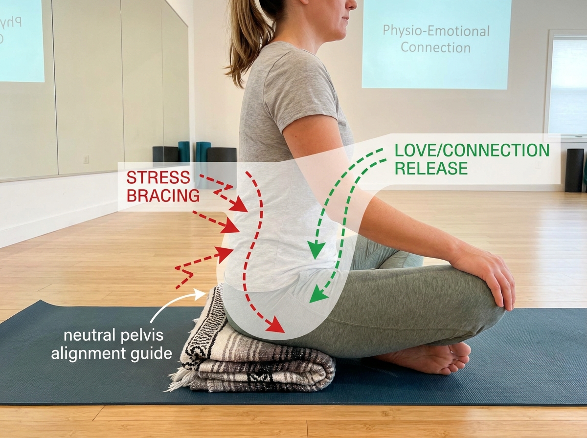 Physio-emotional connection scene: a woman seated on a mat with a neutral pelvis alignment guide under her hips; an overlay shows two paths labeled “stress bracing” (red arrows toward low back) and “love/connection release” (green arrows toward breath and pelvic floor softness).