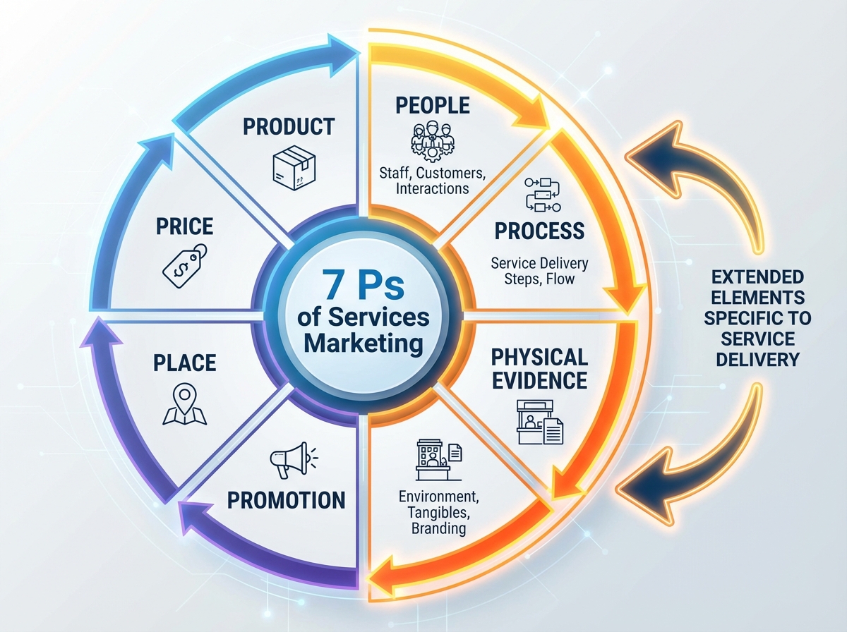 7 Ps of services marketing wheel diagram with People, Process, and Physical Evidence highlighted as the three extended elements specific to service delivery