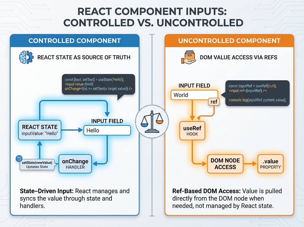 React controlled vs uncontrolled component comparison showing state-driven input with onChange handler versus unref-based DOM value access side by side