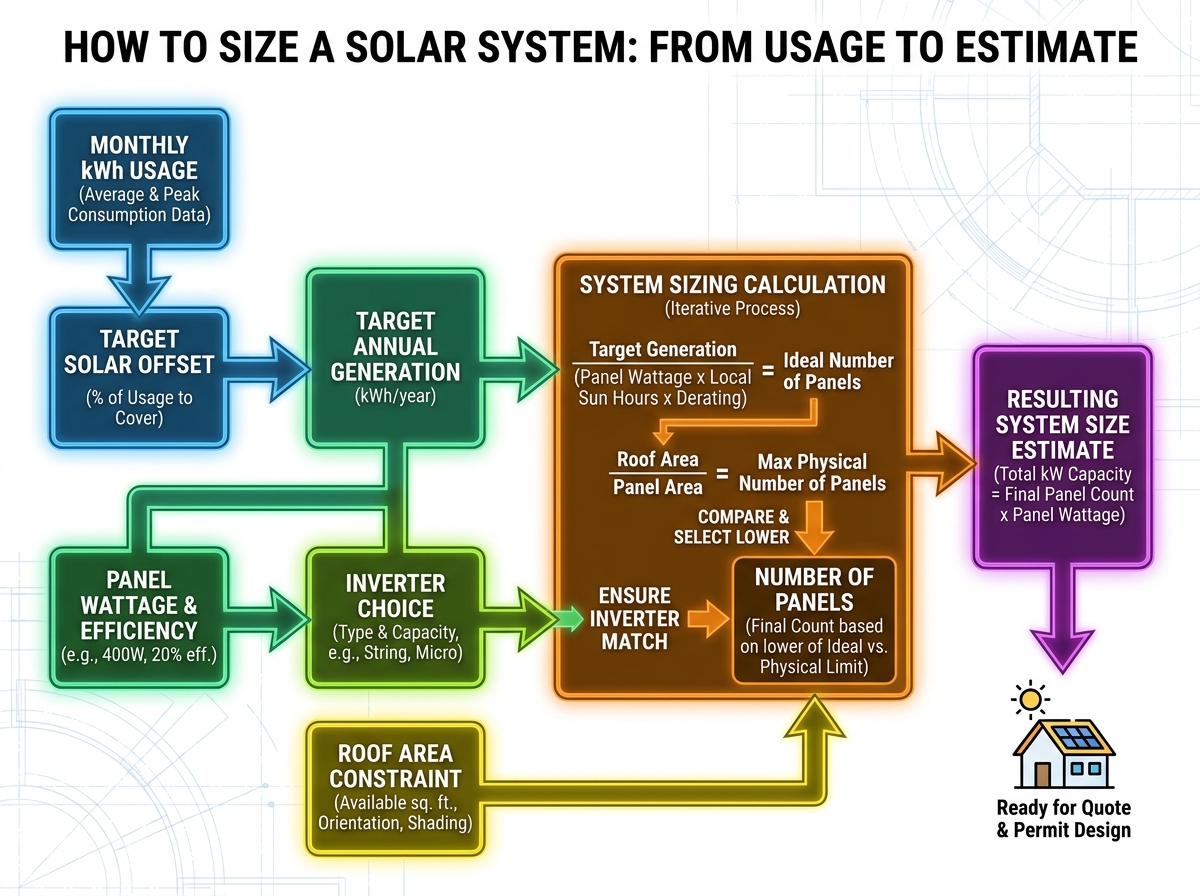 How to size a solar system diagram showing monthly kWh usage, target solar offset, panel wattage, inverter choice, roof area constraint, and resulting system size estimate