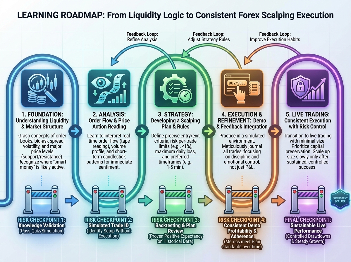Learning roadmap showing five stages from understanding liquidity to consistent forex scalping execution with feedback loops and risk control checkpoints.