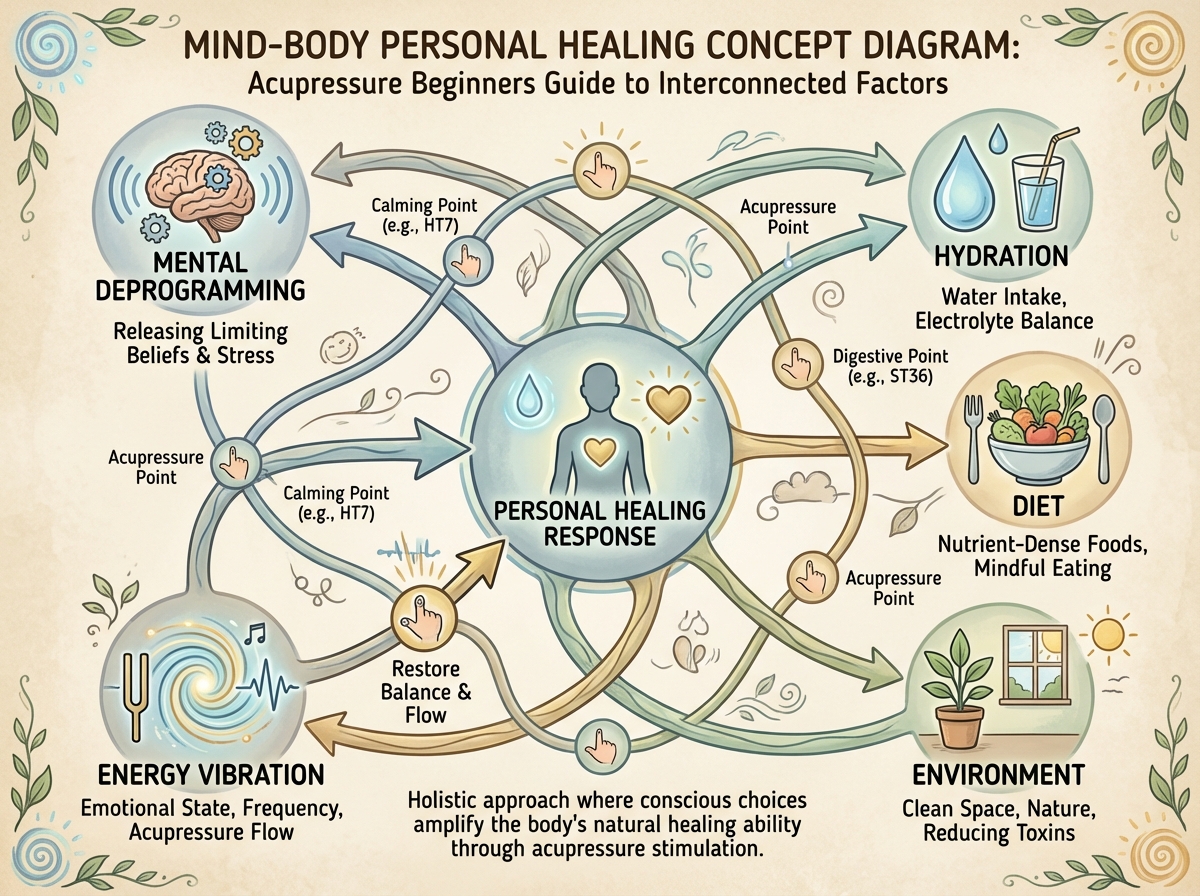 Mind-body personal healing concept diagram for acupressure beginners showing interconnected factors: mental deprogramming, hydration, diet, environment, and energy vibration affecting healing response