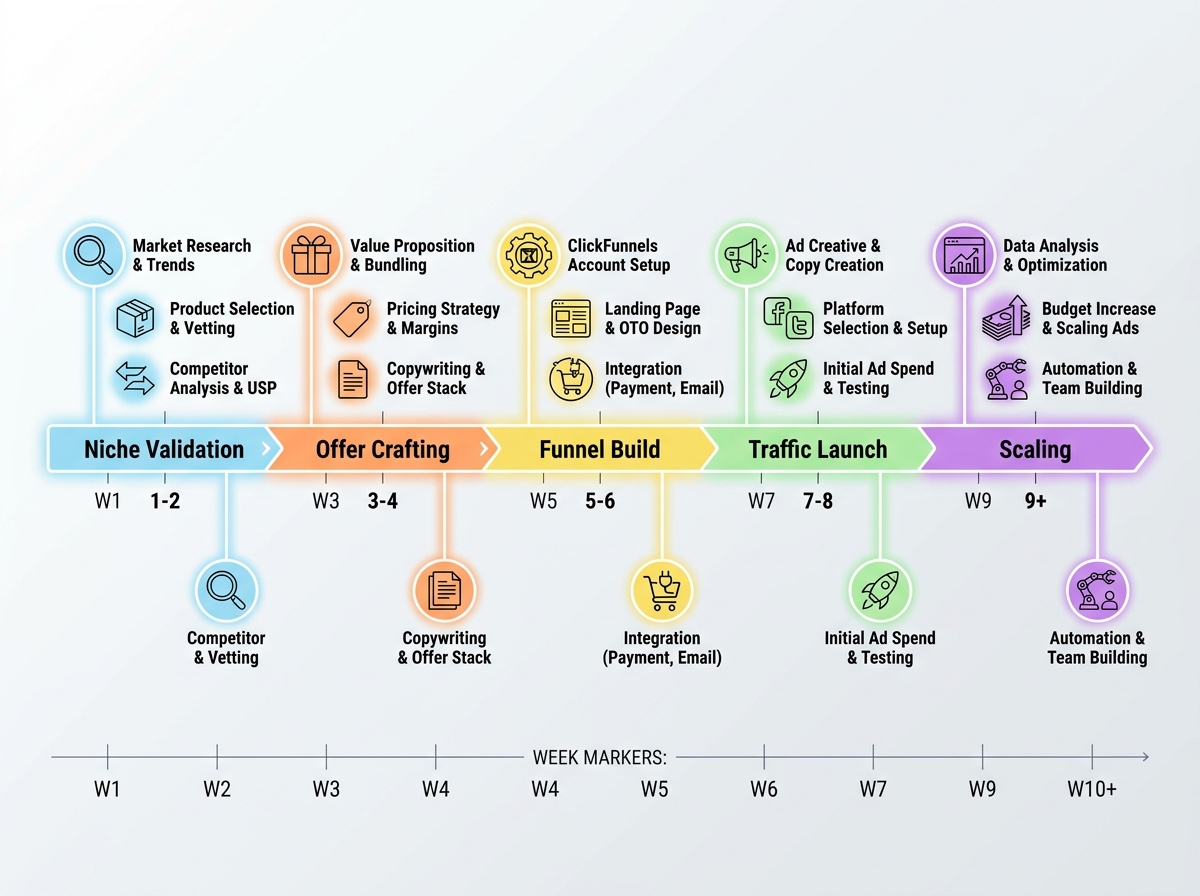 ClickFunnels dropshipping learning roadmap with five sequential stages: niche validation, offer crafting, funnel build, traffic launch, and scaling — shown as horizontal timeline with week markers and key milestones