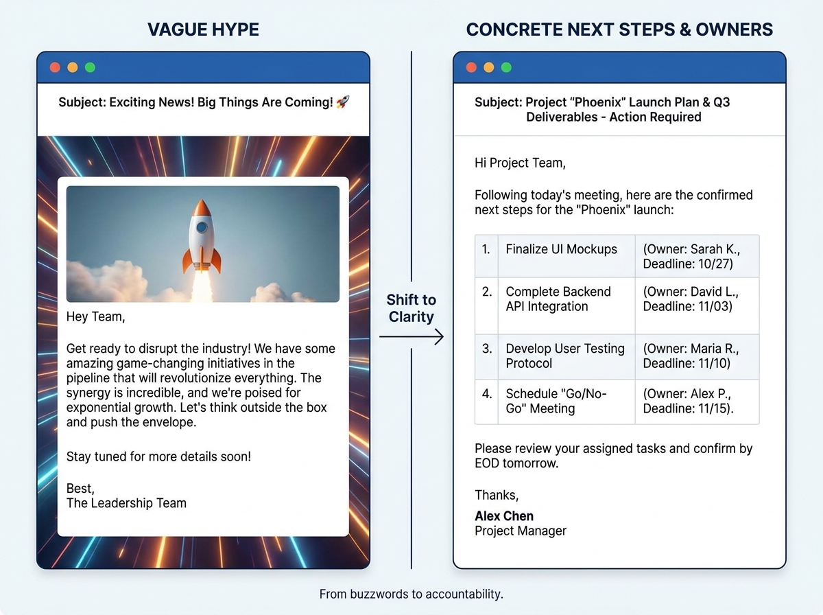 Two emails side-by-side: one with vague hype, one with concrete next steps and owners